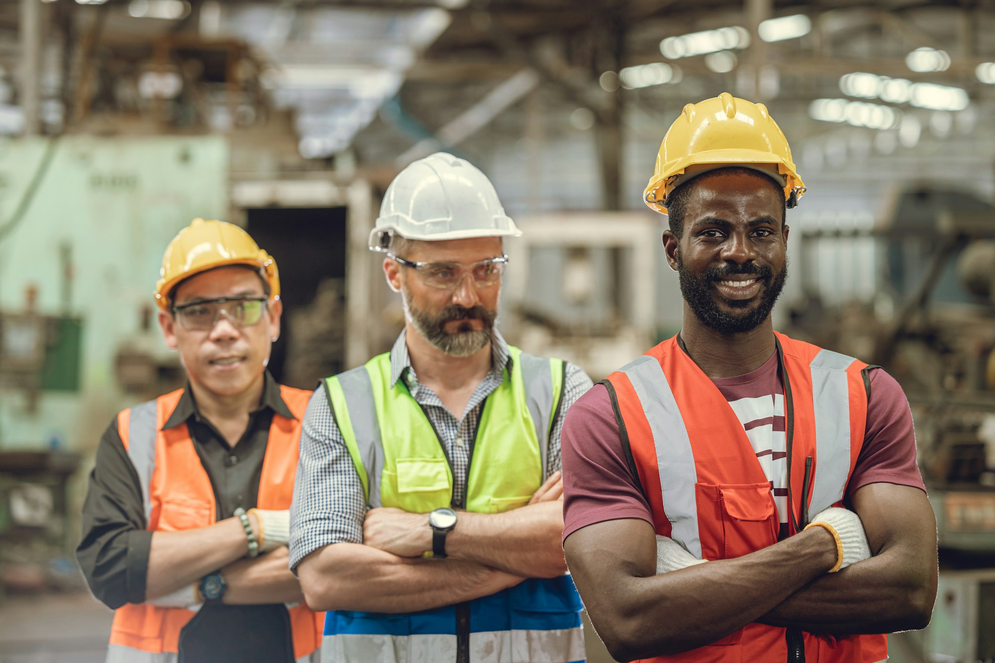 Engieer worker team group of industry people standing mix race